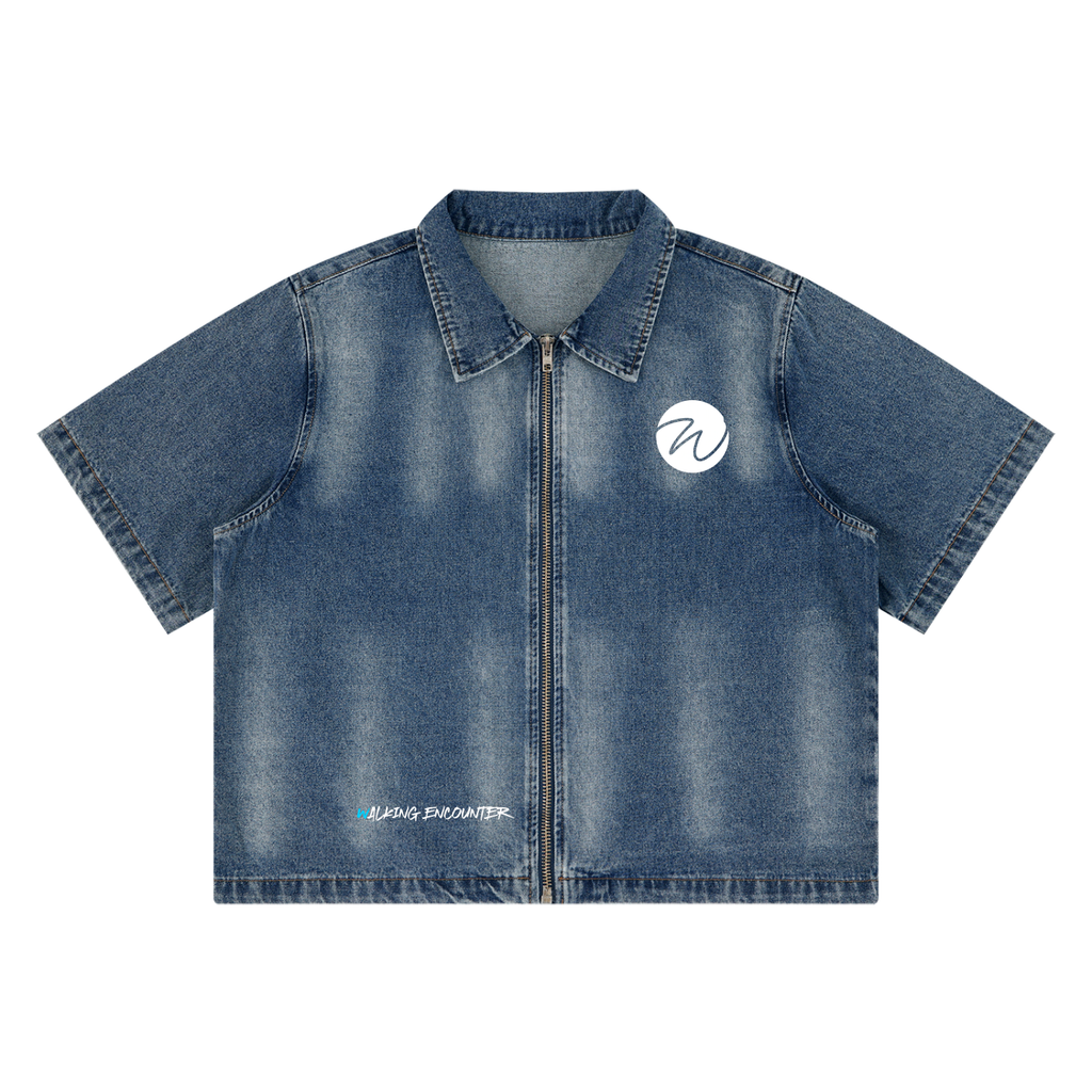 "Walking Encounter" Unisex Vintage Washed Full-Zip Denim Shirt