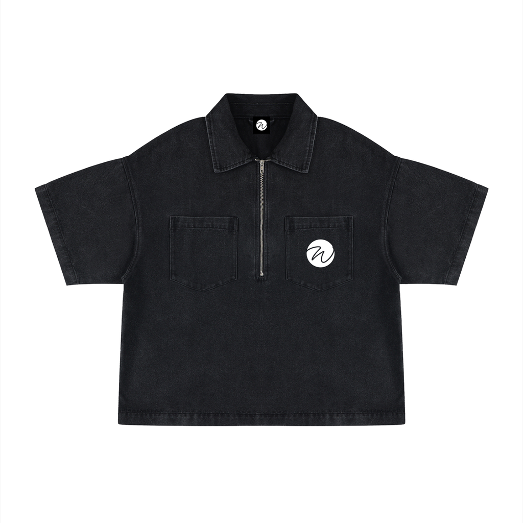 Unisex Vintage Wash Boxy Quarter-Zip Denim Shirt