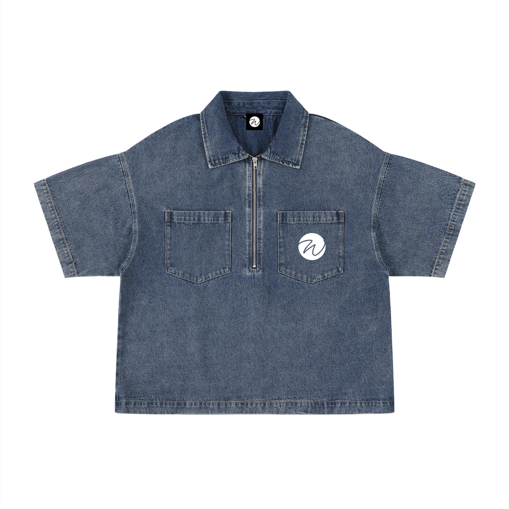 Unisex Vintage Wash Boxy Quarter-Zip Denim Shirt
