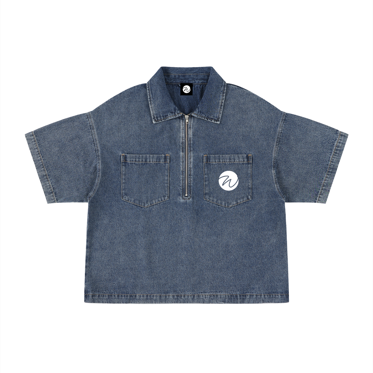 Unisex Vintage Wash Boxy Quarter-Zip Denim Shirt